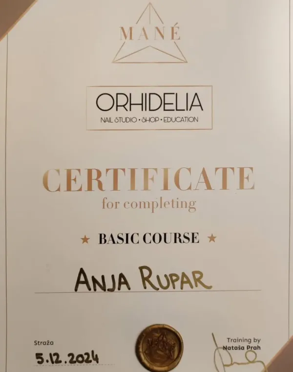 Certifikat · Orhidelia Nail Studio — Basic Course Mané